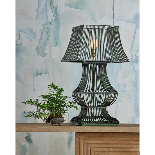 Tuteurs Table Lamp by Currey and Company in distressed green. Made from metal in a rustic style.