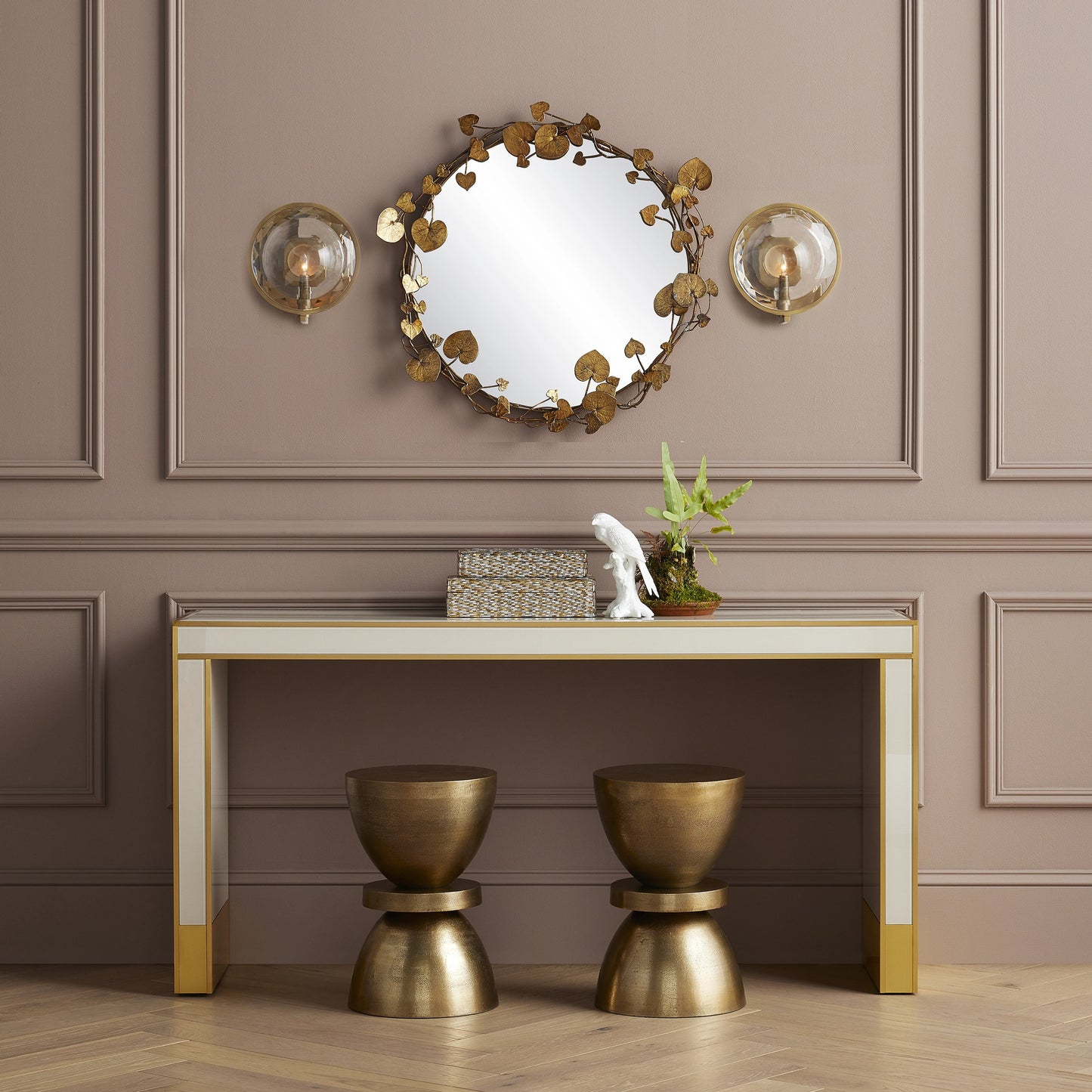 005 SI-1923806 | Lifestyle | Arden Console Table by Currey and Company in ivory, satin brass. Made from reverse painted glass, brass, solid hardwood in a modern style.