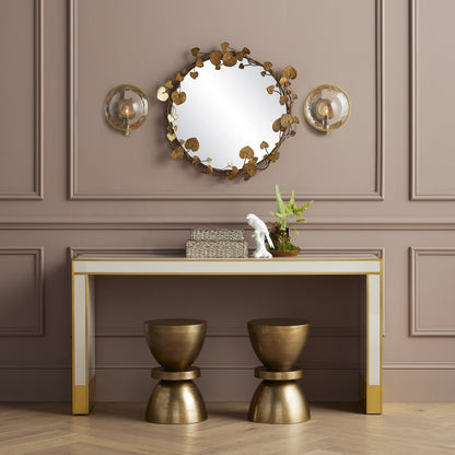 Arden Console Table by Currey and Company in ivory, satin brass. Made from reverse painted glass, brass, solid hardwood in a modern style.