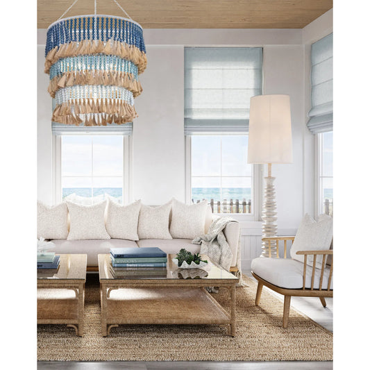 St. Barts Chandelier by Currey and Company in mist blue, demin blue. Made from wrought iron, wood beads, abaca rope in a coastal style.