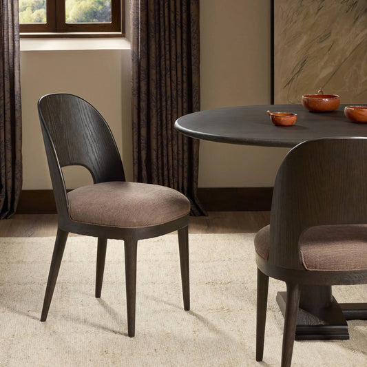 Thorton Dining Chair by Four Hands in laughlin cafe, smoked black veneer. Made from 97% polyester, 3% flax, linen, thick oak veneer, solid oak in a unique style.