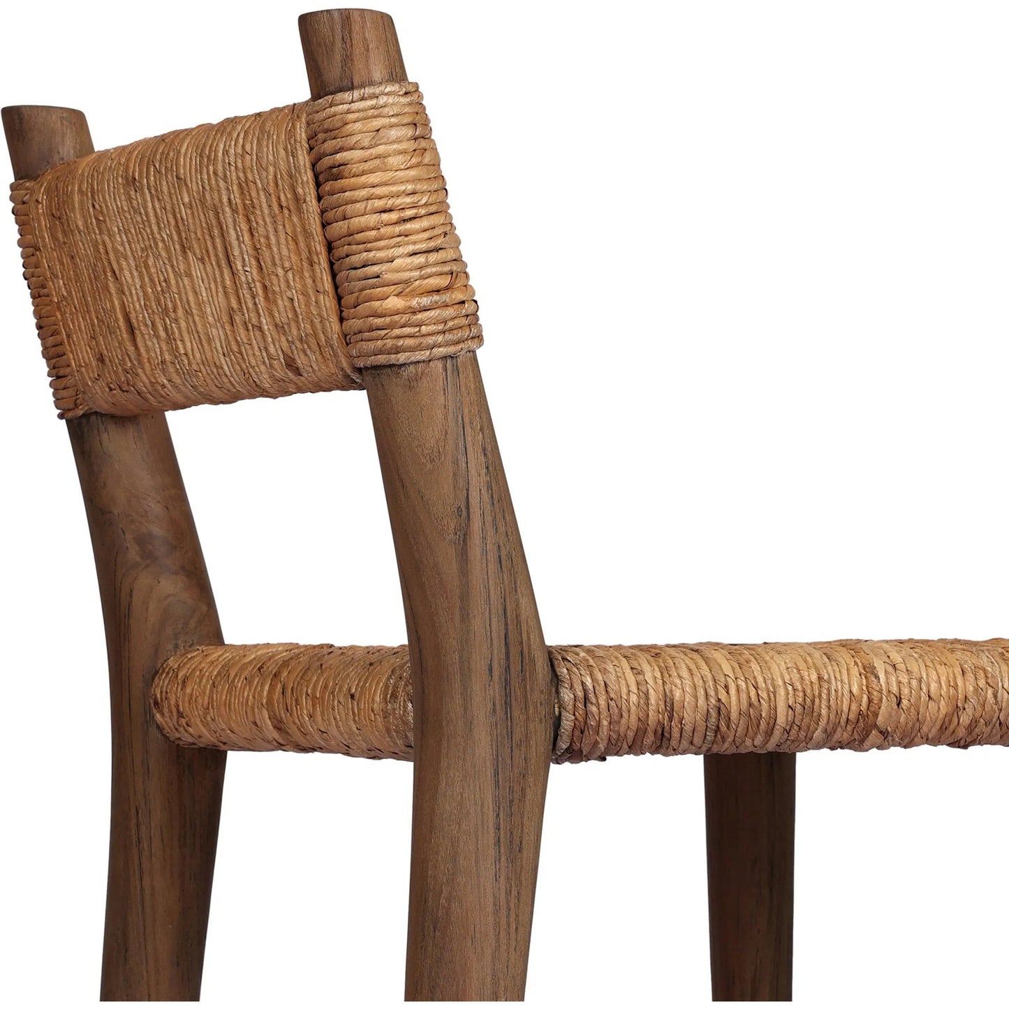 006 SI-2473213 | Closeup | Bovard Dining Chair by Four Hands in stained toasted brown, slight dark bleaching. Made from solid teak, banana leaf in a rustic style.