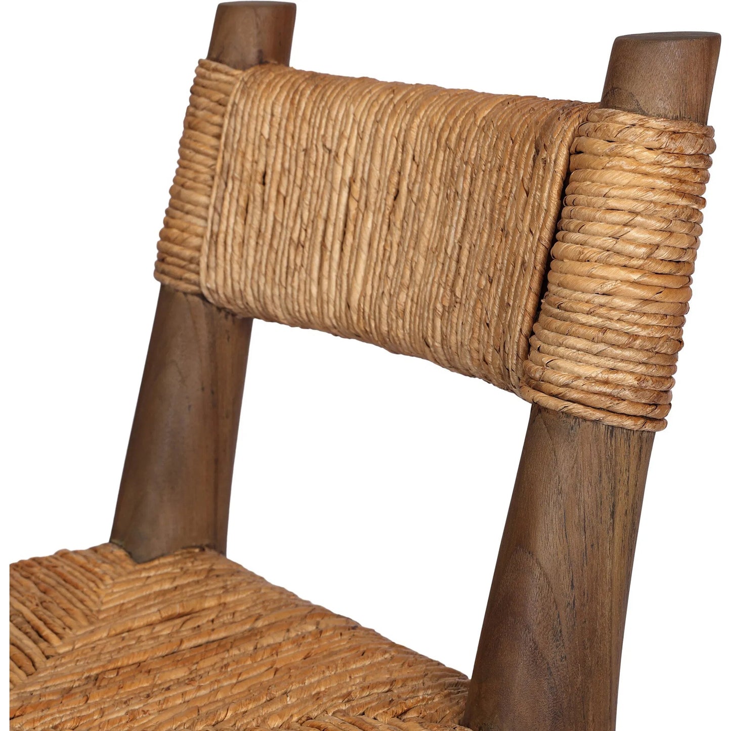 008 SI-2473213 | Closeup | Bovard Dining Chair by Four Hands in stained toasted brown, slight dark bleaching. Made from solid teak, banana leaf in a rustic style.