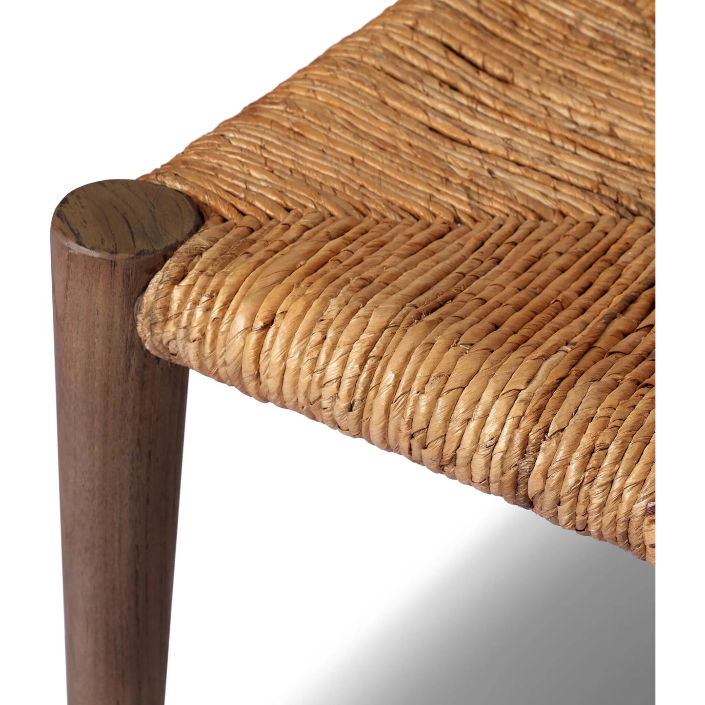 010 SI-2473213 | Closeup | Bovard Dining Chair by Four Hands in stained toasted brown, slight dark bleaching. Made from solid teak, banana leaf in a rustic style.
