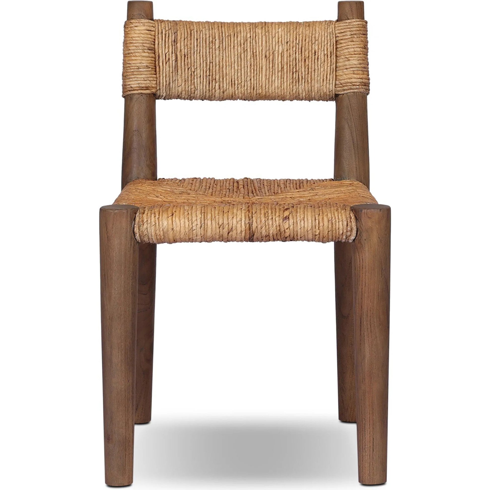 Bovard Dining Chair by Four Hands in stained toasted brown, slight dark bleaching. Made from solid teak, banana leaf in a rustic style.