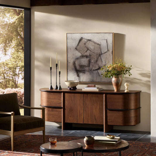 Theo Sideboard by Four Hands in dark brown walnut veneer. Made from walnut veneer, solid walnut in a unique style.
