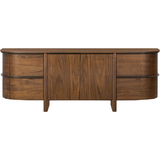 Theo Sideboard by Four Hands in dark brown walnut veneer. Made from walnut veneer, solid walnut in a unique style.