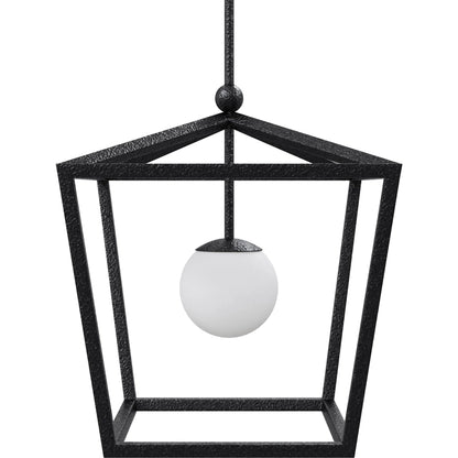 Denison Outdoor Lantern by Currey and Company in black, frosted white. Made from wrought iron, glass in a modern style.