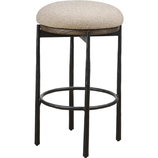 Cofer Swivel Counter Stool by Four Hands in weslie flax, dark hammered iron, brown oak. Made from 100% recycled olefin, iron, solid oak in a unique style.