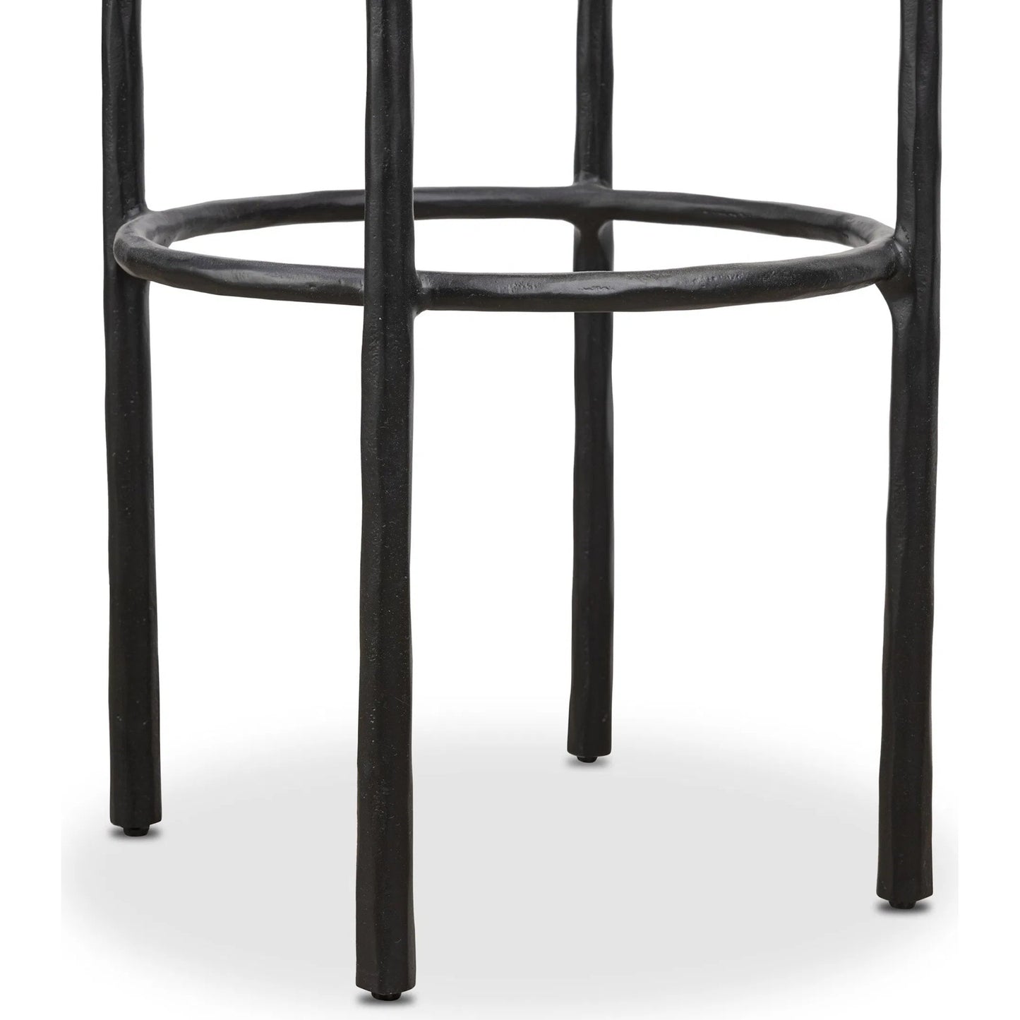 009 SI-2531604 | Closeup | Cofer Swivel Bar Stool by Four Hands in weslie flax, dark hammered iron, brown oak. Made from 100% recycled olefin, iron, solid oak in a cottage & farmhouse style.