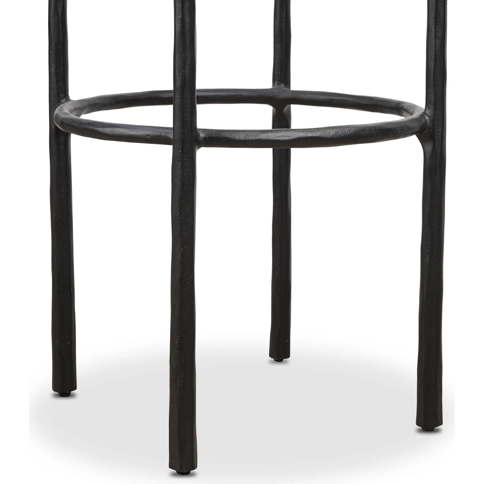 Cofer Swivel Bar Stool by Four Hands in weslie flax, dark hammered iron, brown oak. Made from 100% recycled olefin, iron, solid oak in a cottage & farmhouse style.