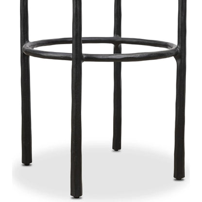 Cofer Swivel Bar Stool by Four Hands in weslie flax, dark hammered iron, brown oak. Made from 100% recycled olefin, iron, solid oak in a cottage & farmhouse style.