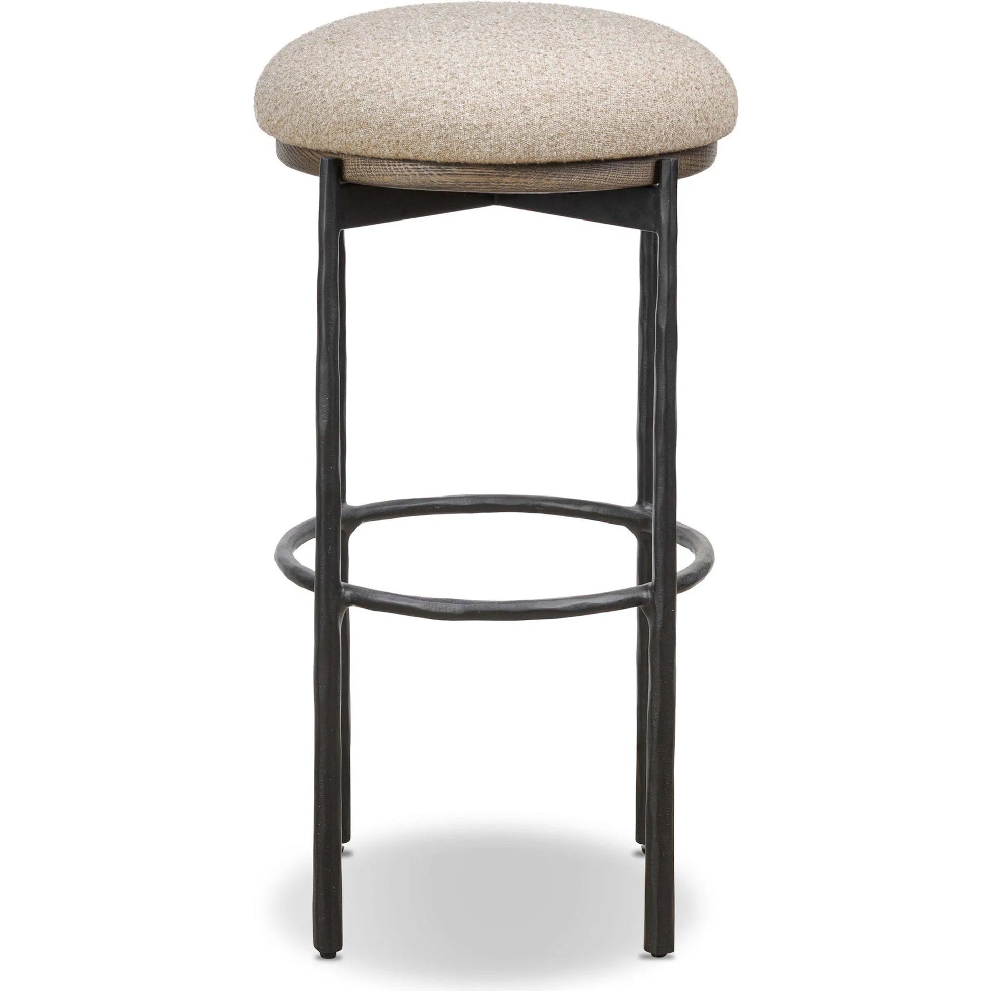 Cofer Swivel Bar Stool by Four Hands in weslie flax, dark hammered iron, brown oak. Made from 100% recycled olefin, iron, solid oak in a cottage & farmhouse style.