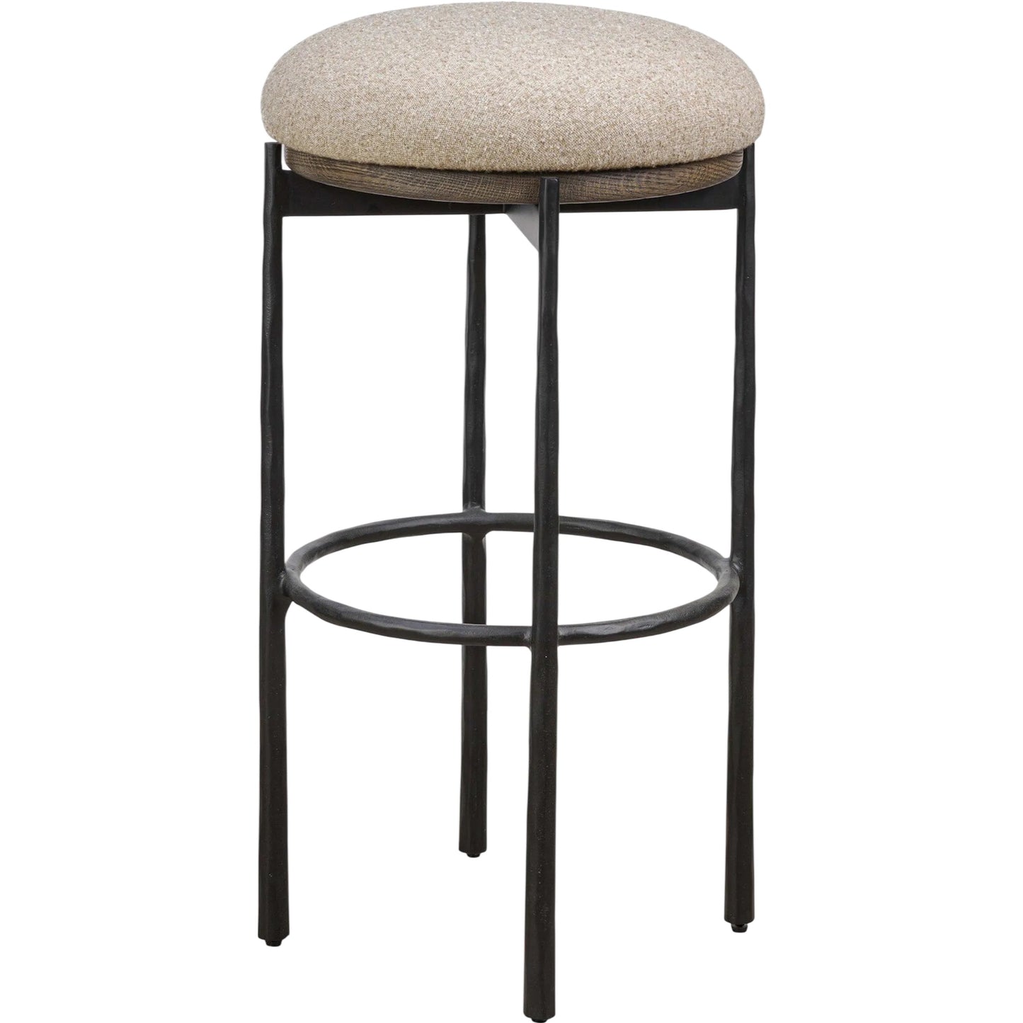001 SI-2531604 | Primary Silo | Cofer Swivel Bar Stool by Four Hands in weslie flax, dark hammered iron, brown oak. Made from 100% recycled olefin, iron, solid oak in a cottage & farmhouse style.