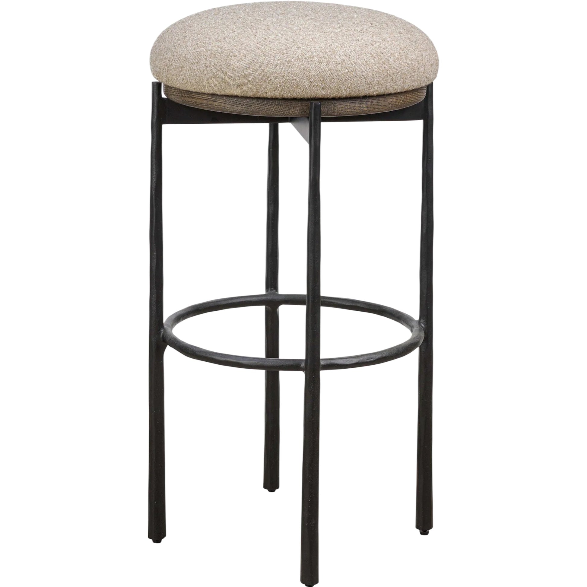 Cofer Swivel Bar Stool by Four Hands in weslie flax, dark hammered iron, brown oak. Made from 100% recycled olefin, iron, solid oak in a cottage & farmhouse style.
