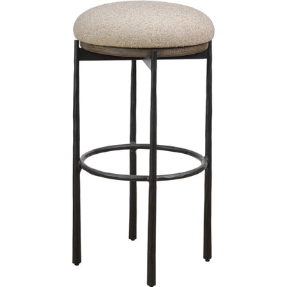 Cofer Swivel Bar Stool by Four Hands in weslie flax, dark hammered iron, brown oak. Made from 100% recycled olefin, iron, solid oak in a cottage & farmhouse style.