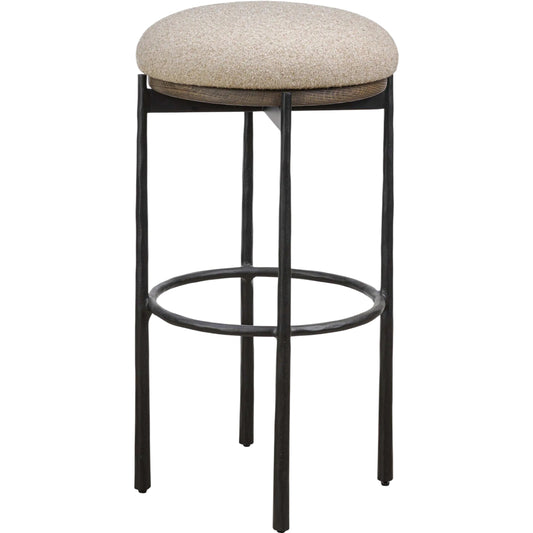 Cofer Swivel Bar Stool by Four Hands in weslie flax, dark hammered iron, brown oak. Made from 100% recycled olefin, iron, solid oak in a unique style.