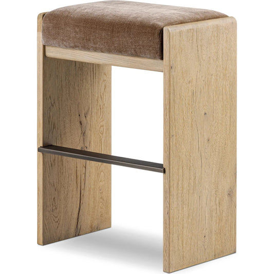 Nash Bar Stool by Four Hands in altair mushroom, drifted oak, drifted oak thick veneer. Made from 100% polyester, solid oak, thick oak veneer in a unique style.