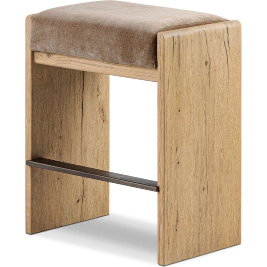 Nash Counter Stool by Four Hands in altair mushroom, drifted oak, drifted oak thick veneer. Made from 100% polyester, solid oak, thick oak veneer in a unique style.