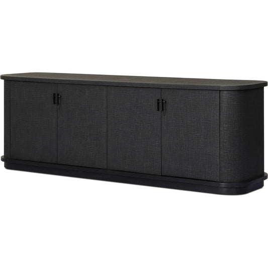 Berlin Media Console by Four Hands in black linen, black mahogany veneer. Made from painted linen, mahogany veneer in a unique style.