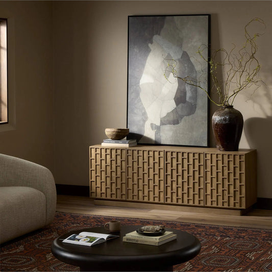 Asbury Media Console by Four Hands in light wash oak, light wash oak veneer. Made from solid oak, oak veneer in a unique style.