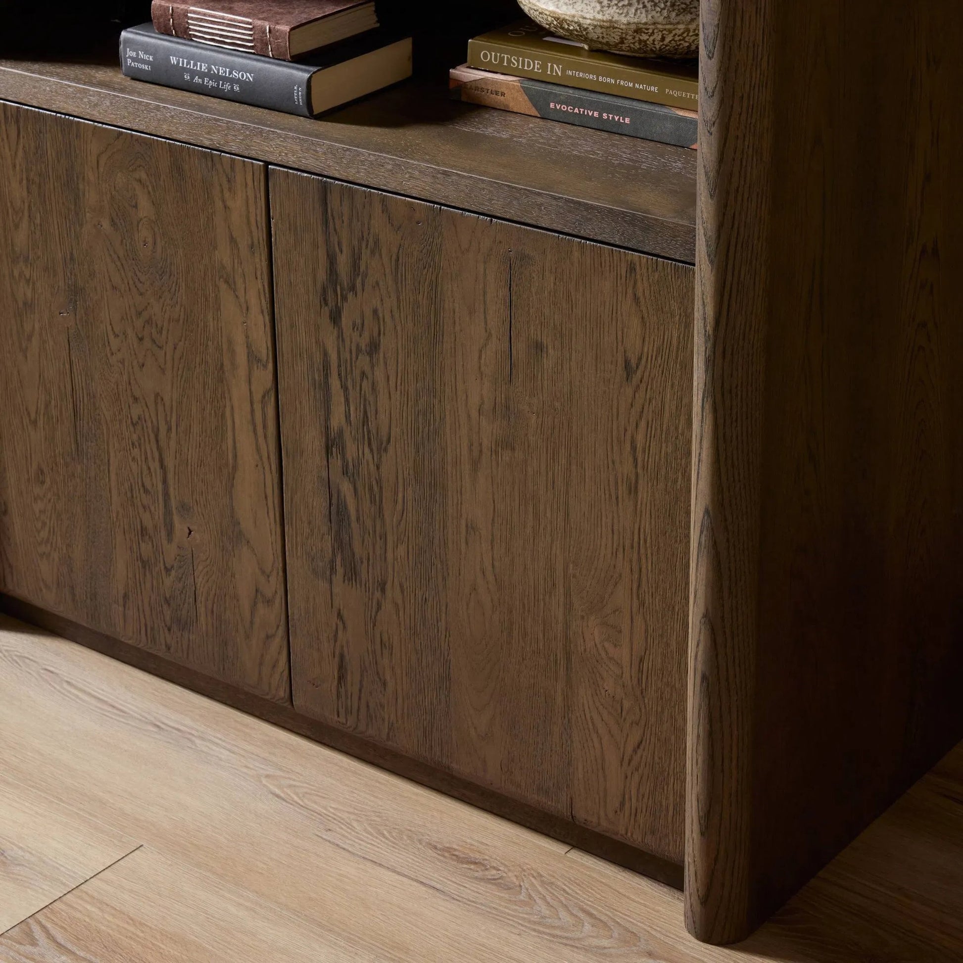 Arthur Bookcase by Four Hands in tobacco oak, tobacco oak veneer. Made from solid oak, oak veneer in a transitional style.