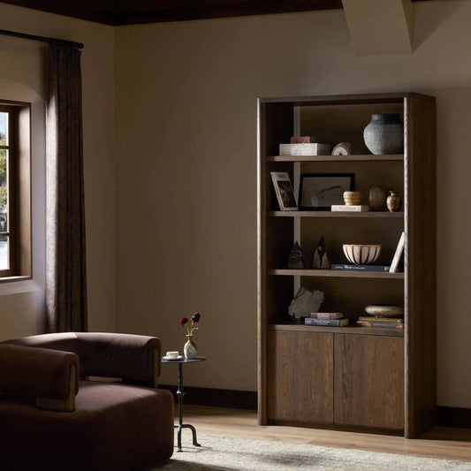 Arthur Bookcase by Four Hands in tobacco oak, tobacco oak veneer. Made from solid oak, oak veneer in a transitional style.