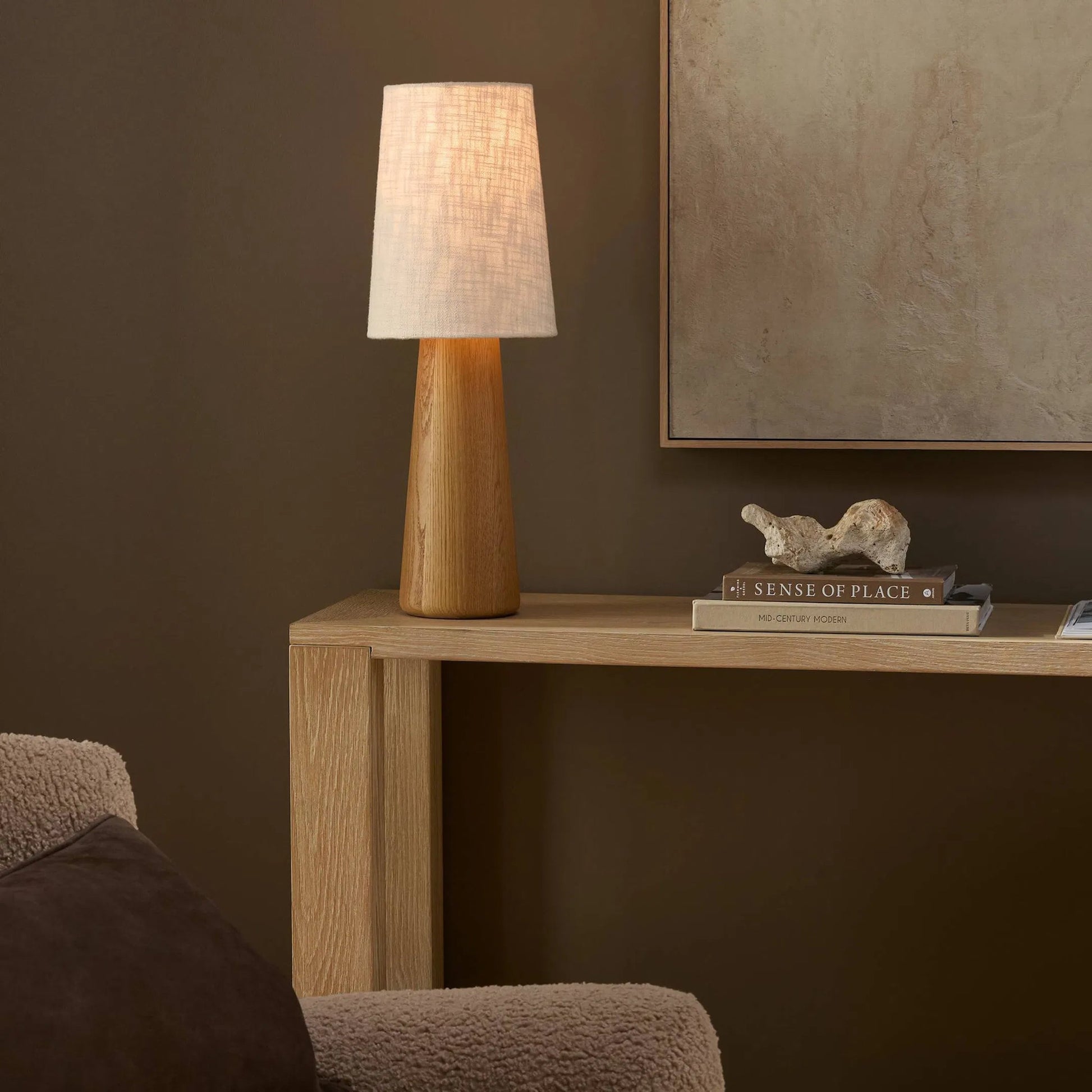 Nora Drum Table Lamp by Four Hands in light oak, antique brass, aged brass. Made from solid oak, steel, brass in a unique style.