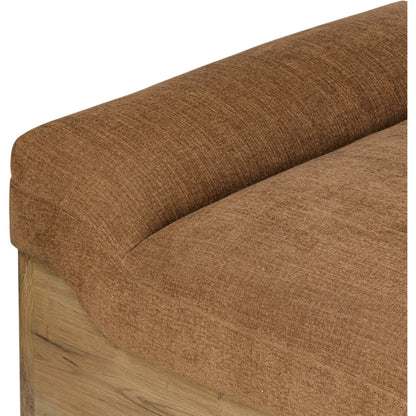 Mariano Chaise by Four Hands in laughlin ochre, aged natural oak veneer. Made from 97% polyester, 3% flax/linen, thick oak veneer, solid oak in a transitional style.