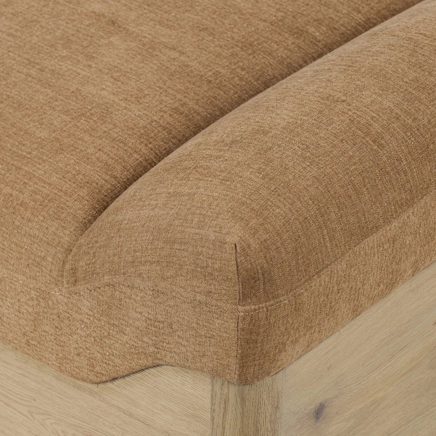 007 SI-2446605 | Closeup | Mariano Chaise by Four Hands in laughlin ochre, aged natural oak veneer. Made from 97% polyester, 3% flax/linen, thick oak veneer, solid oak in a transitional style.