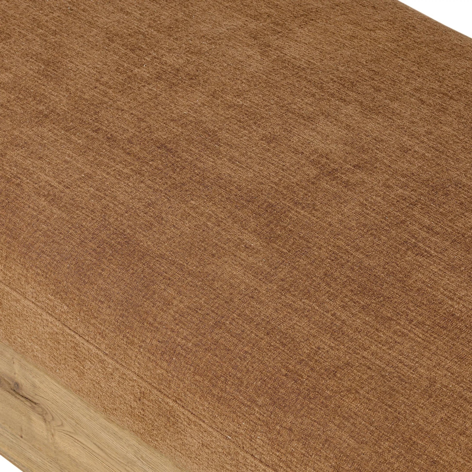 Mariano Chaise by Four Hands in laughlin ochre, aged natural oak veneer. Made from 97% polyester, 3% flax/linen, thick oak veneer, solid oak in a transitional style.