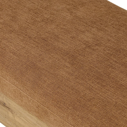 Mariano Chaise by Four Hands in laughlin ochre, aged natural oak veneer. Made from 97% polyester, 3% flax/linen, thick oak veneer, solid oak in a transitional style.