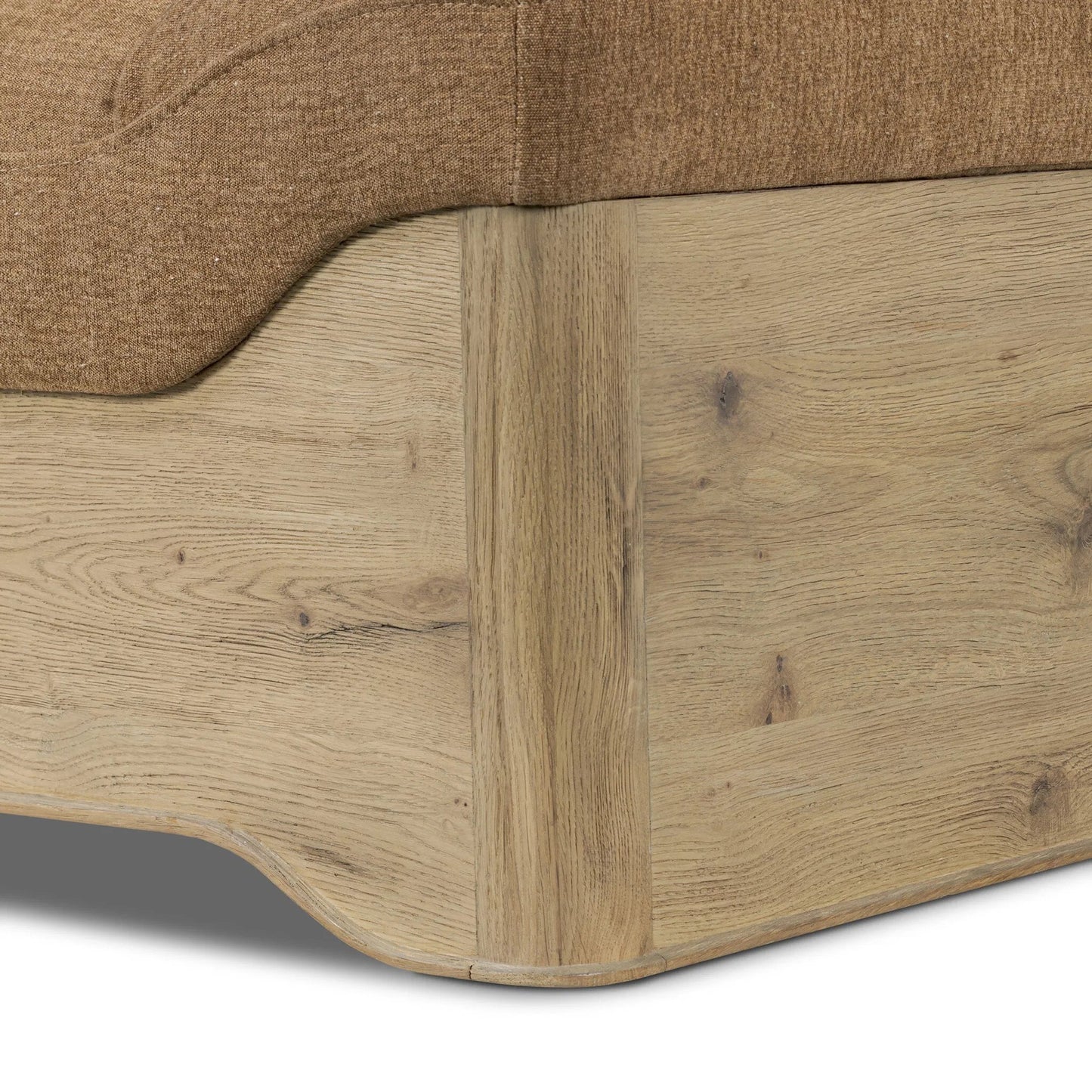 009 SI-2446605 | Closeup | Mariano Chaise by Four Hands in laughlin ochre, aged natural oak veneer. Made from 97% polyester, 3% flax/linen, thick oak veneer, solid oak in a transitional style.