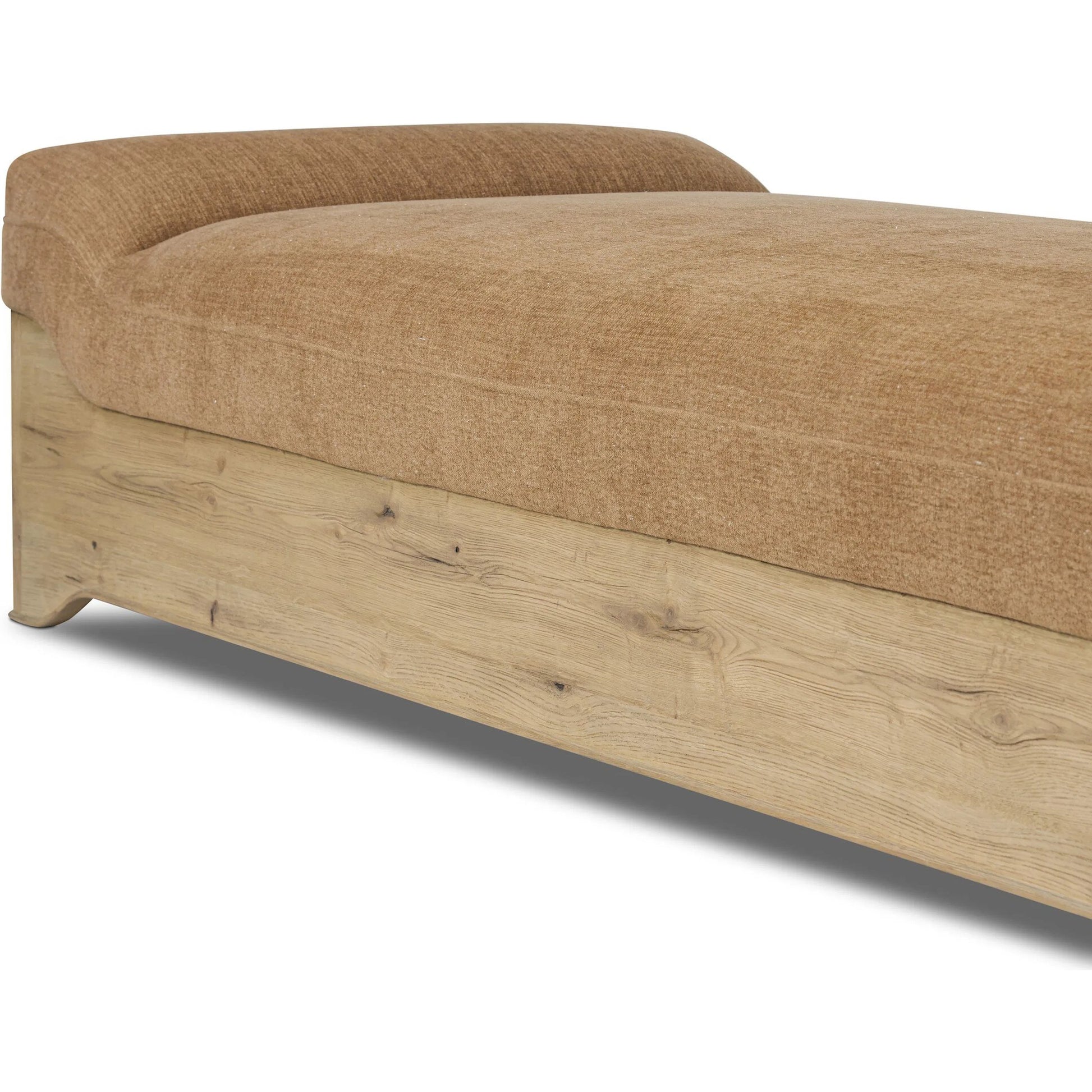 Mariano Chaise by Four Hands in laughlin ochre, aged natural oak veneer. Made from 97% polyester, 3% flax/linen, thick oak veneer, solid oak in a transitional style.