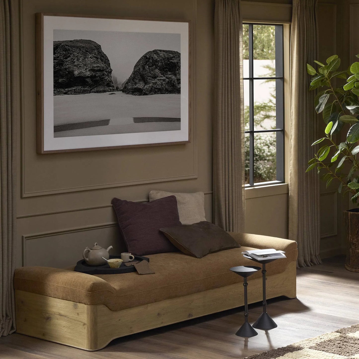012 SI-2446605 | Lifestyle | Mariano Chaise by Four Hands in laughlin ochre, aged natural oak veneer. Made from 97% polyester, 3% flax/linen, thick oak veneer, solid oak in a transitional style.