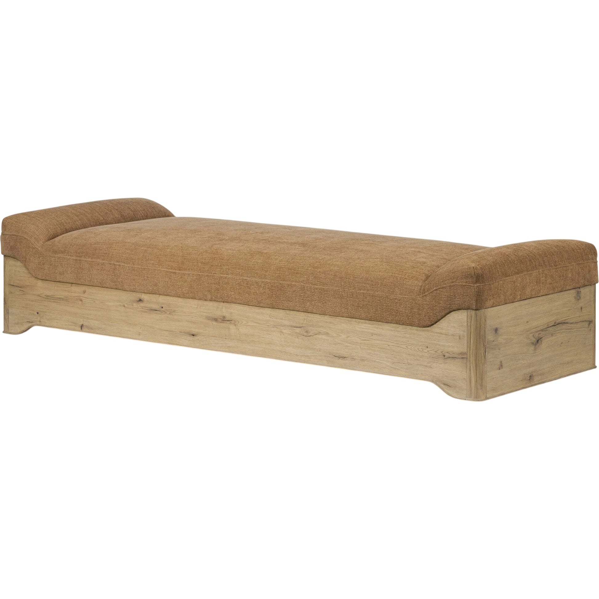 Mariano Chaise by Four Hands in laughlin ochre, aged natural oak veneer. Made from 97% polyester, 3% flax/linen, thick oak veneer, solid oak in a transitional style.