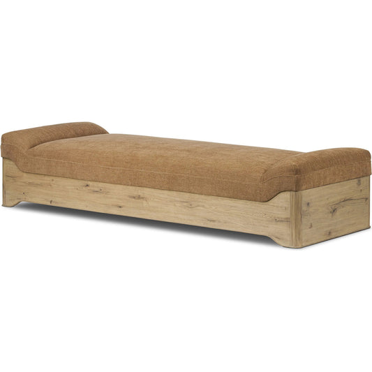 Mariano Chaise by Four Hands in laughlin ochre, aged natural oak veneer. Made from 97% polyester, 3% flax/linen, thick oak veneer, solid oak in a unique style.