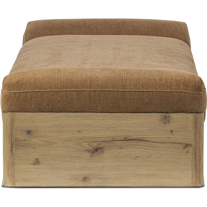 Mariano Chaise by Four Hands in laughlin ochre, aged natural oak veneer. Made from 97% polyester, 3% flax/linen, thick oak veneer, solid oak in a transitional style.