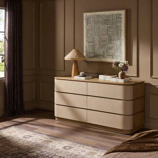 Mariella 6 Drawer Dresser by Four Hands in beige painted linen, sandy oak, sandy oak veneer. Made from painted linen, solid oak, oak veneer in a unique style.
