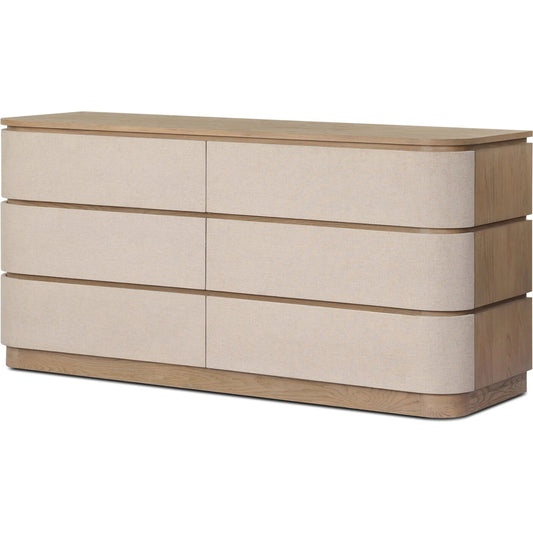 Mariella 6 Drawer Dresser by Four Hands in beige painted linen, sandy oak, sandy oak veneer. Made from painted linen, solid oak, oak veneer in a unique style.
