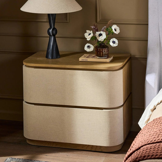 Mariella Nightstand by Four Hands in beige painted linen, sandy oak veneer. Made from painted linen, oak veneer, solid oak in a unique style.