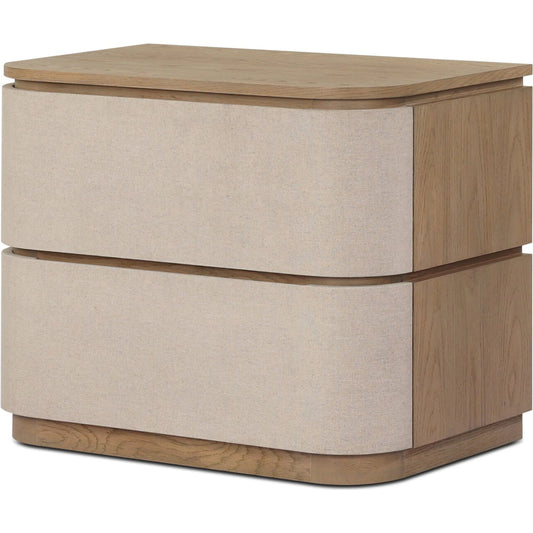 Mariella Nightstand by Four Hands in beige painted linen, sandy oak veneer. Made from painted linen, oak veneer, solid oak in a unique style.
