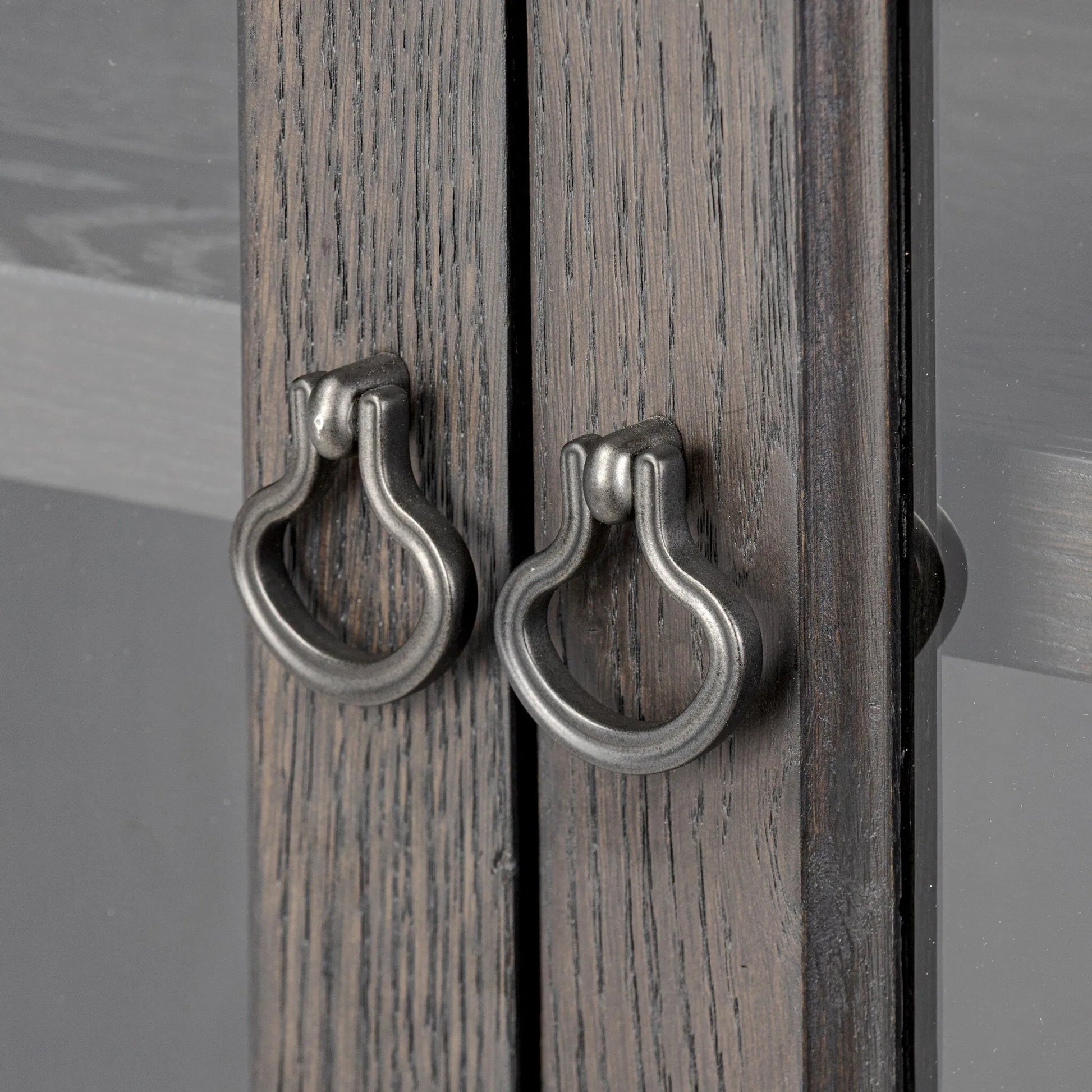Alden Cabinet by Four Hands in worn black oak veneer, mottled gunmetal. Made from thick oak veneer, solid oak, iron in a traditional style.