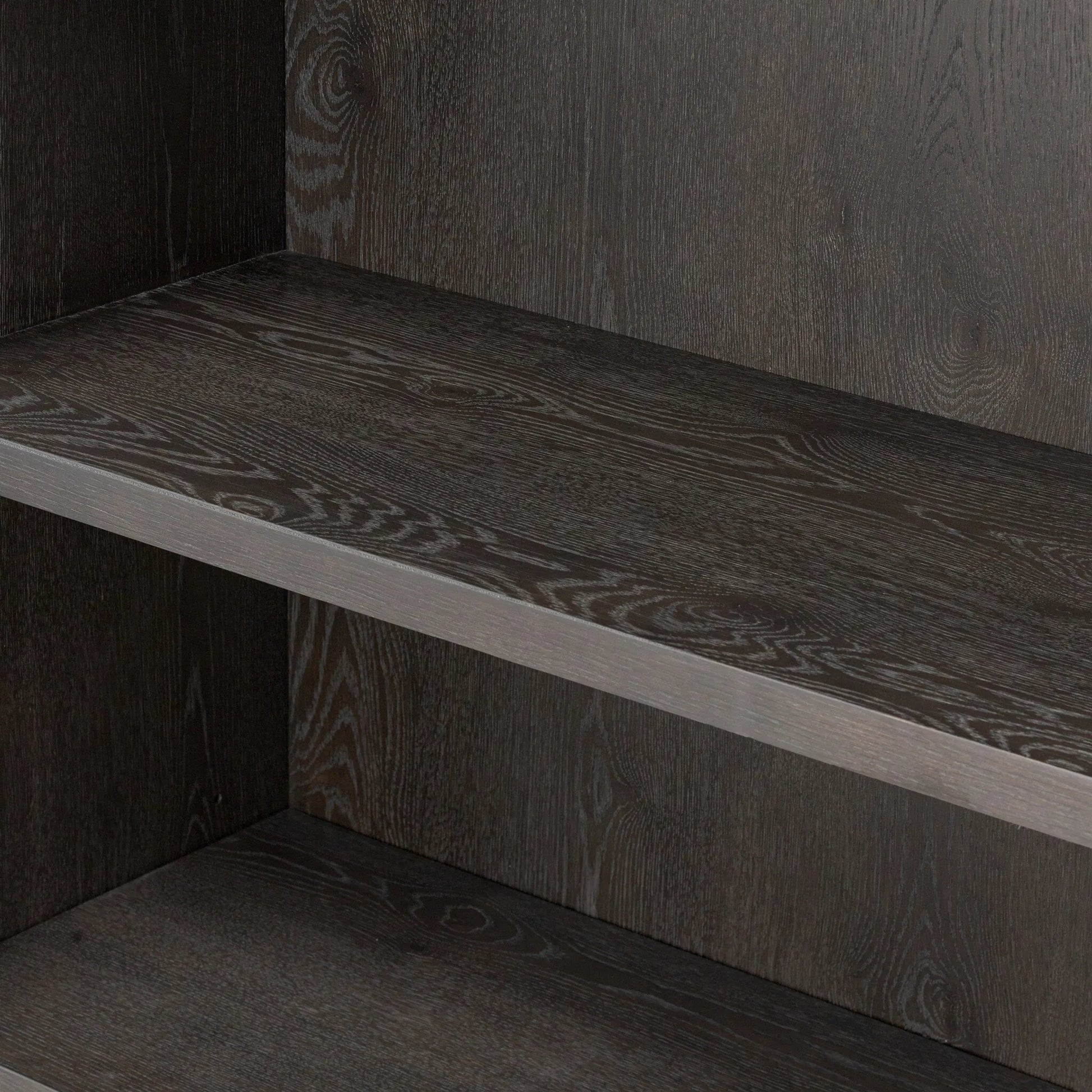Alden Cabinet by Four Hands in worn black oak veneer, mottled gunmetal. Made from thick oak veneer, solid oak, iron in a traditional style.