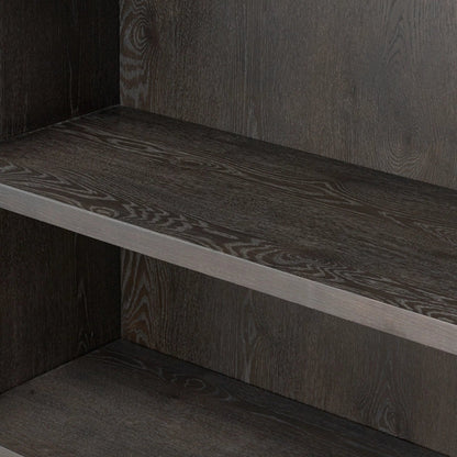 Alden Cabinet by Four Hands in worn black oak veneer, mottled gunmetal. Made from thick oak veneer, solid oak, iron in a traditional style.