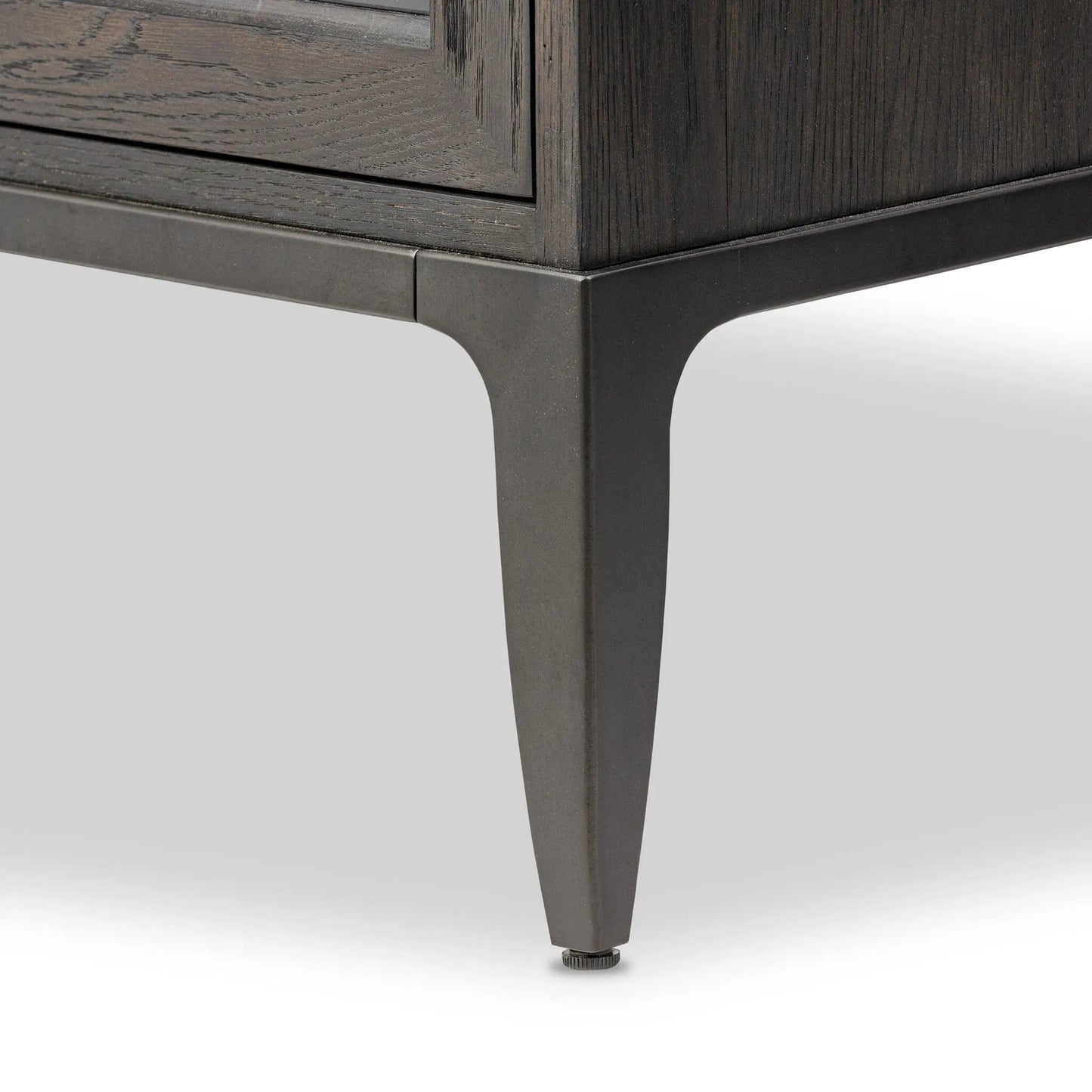009 SI-2446494 | Closeup | Alden Cabinet by Four Hands in worn black oak veneer, mottled gunmetal. Made from thick oak veneer, solid oak, iron in a traditional style.