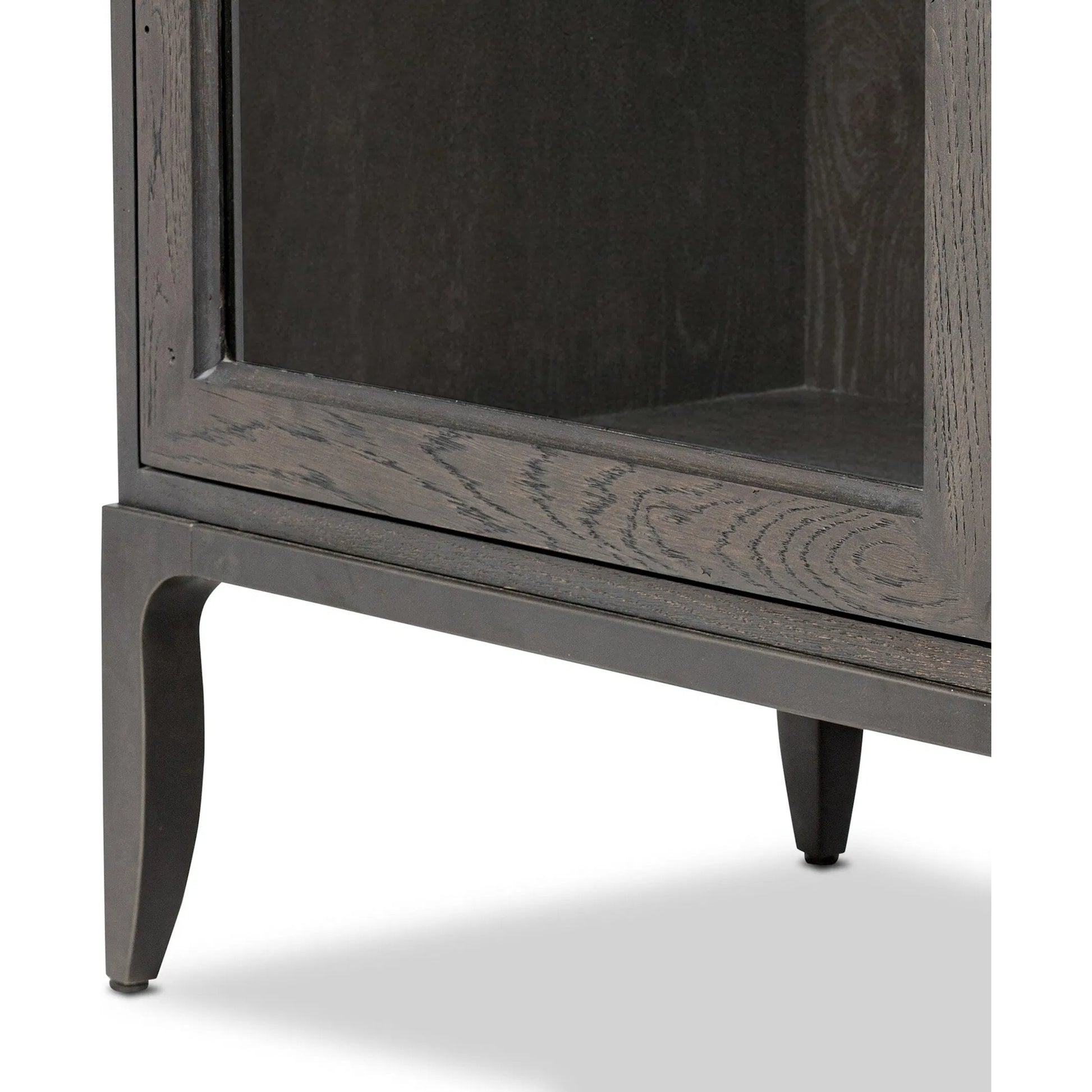 Alden Cabinet by Four Hands in worn black oak veneer, mottled gunmetal. Made from thick oak veneer, solid oak, iron in a traditional style.
