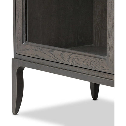 Alden Cabinet by Four Hands in worn black oak veneer, mottled gunmetal. Made from thick oak veneer, solid oak, iron in a traditional style.