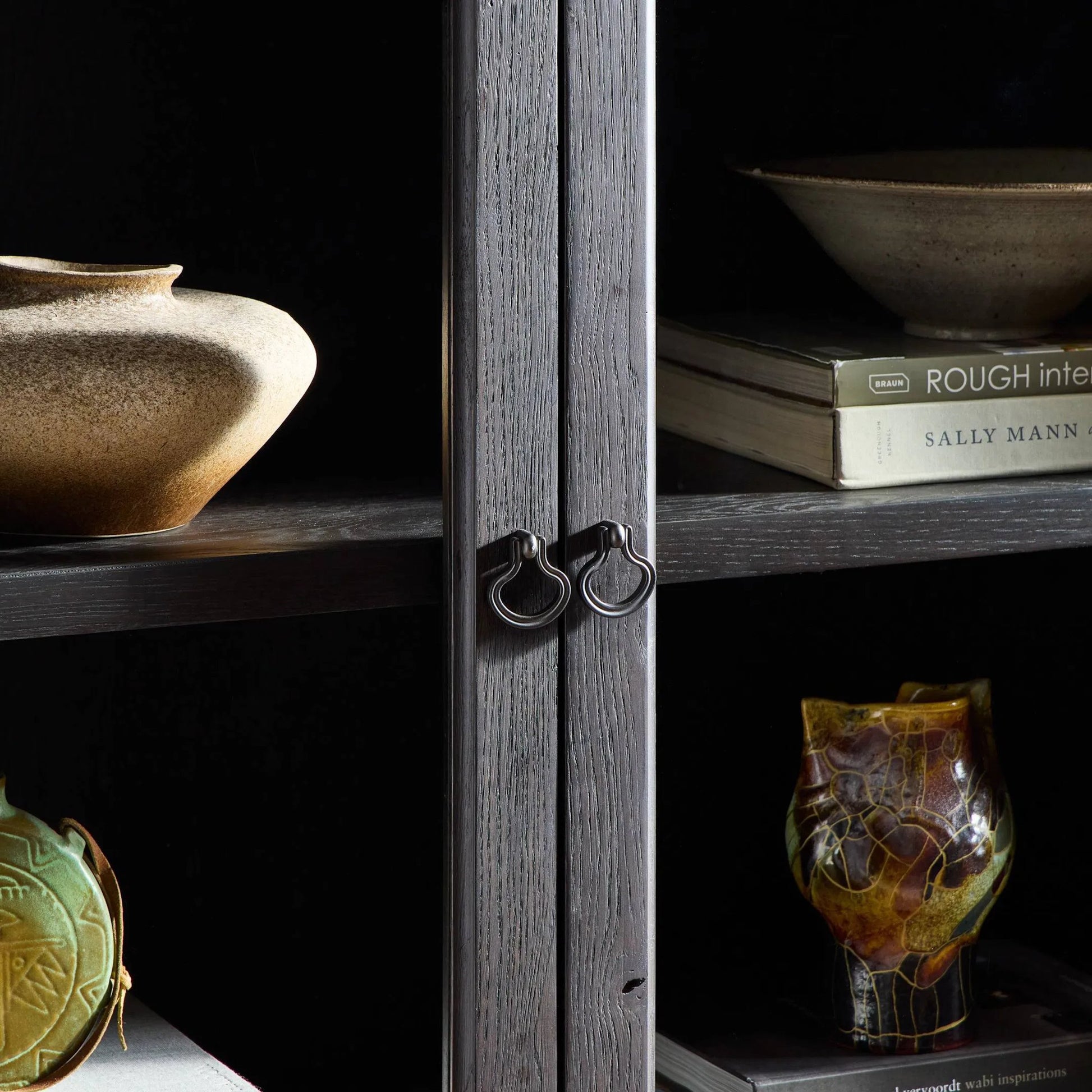 Alden Cabinet by Four Hands in worn black oak veneer, mottled gunmetal. Made from thick oak veneer, solid oak, iron in a traditional style.