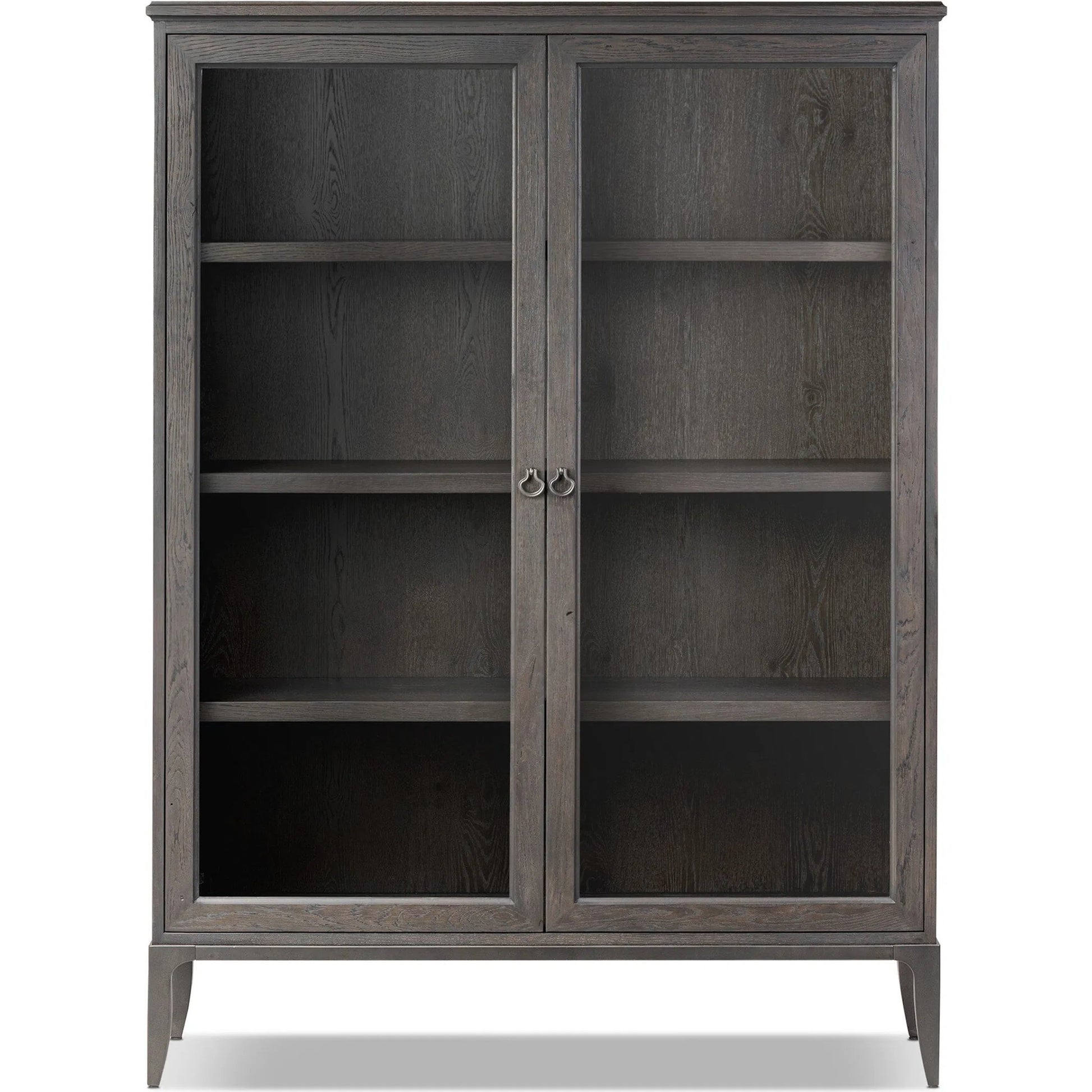Alden Cabinet by Four Hands in worn black oak veneer, mottled gunmetal. Made from thick oak veneer, solid oak, iron in a traditional style.